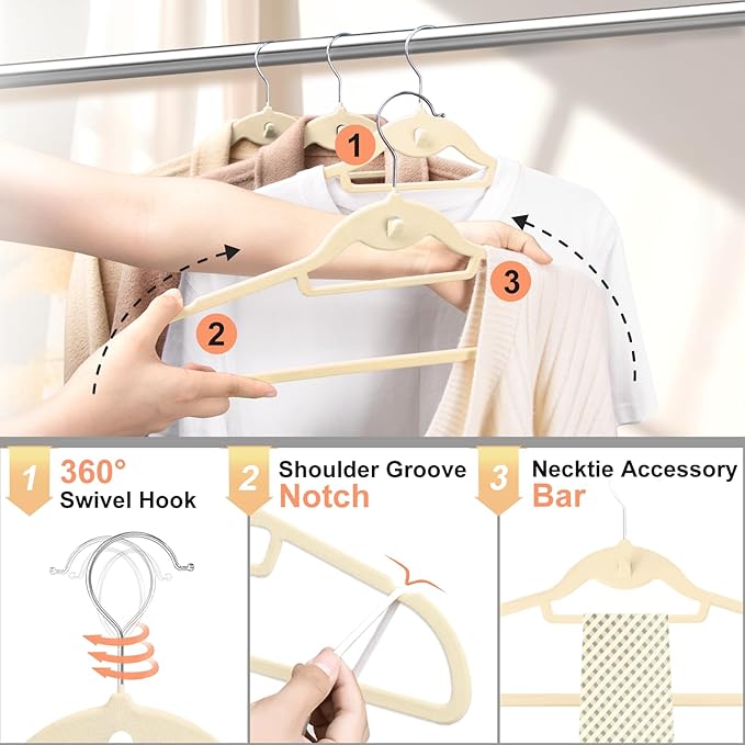 Velvet Felt Stackable Hangers 50 Pack, Non Slip, with 360° Swivel Hook, Ultra Thin and Space Saving for Suits, Shirts, Coats, 15Lbs Capacity Heavy Duty, Ivory