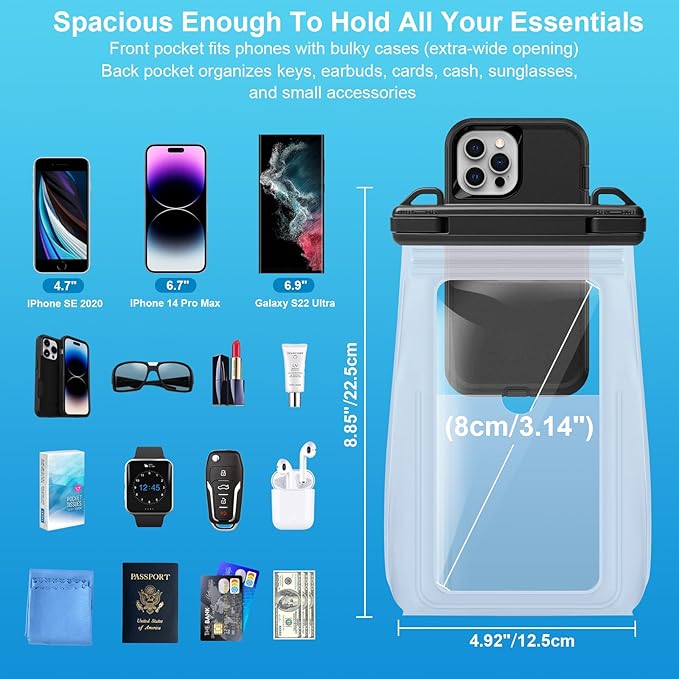 2 Pack Large Waterproof Phone Pouch Floating, Waterproof Phone Case for iPhone 16 15 14 13 Pro Max Galaxy S25 S24 All Devices, IPX8 Double Sealing, Water Proof Bag for Beach Water Park