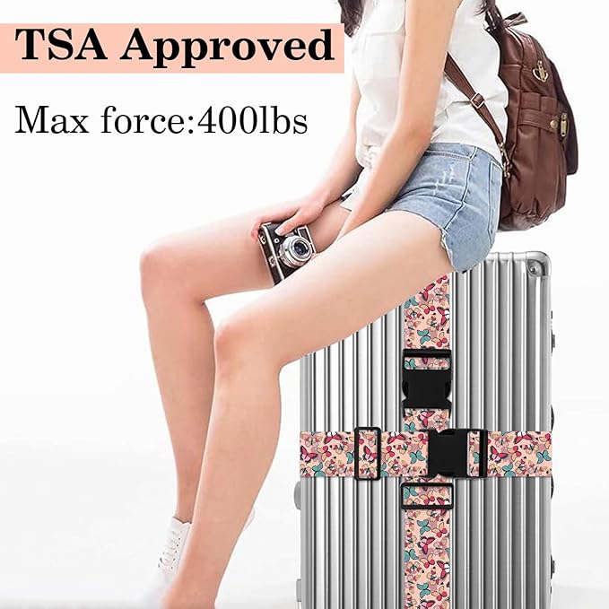 Butterfly Luggage Straps for Suitcases TSA Approved, Luggage Identifiers for Suitcase, Adjustable Suitcase Strap for Baggage Security with Cute Patten, Travel Necessary Accessories (2Pack)