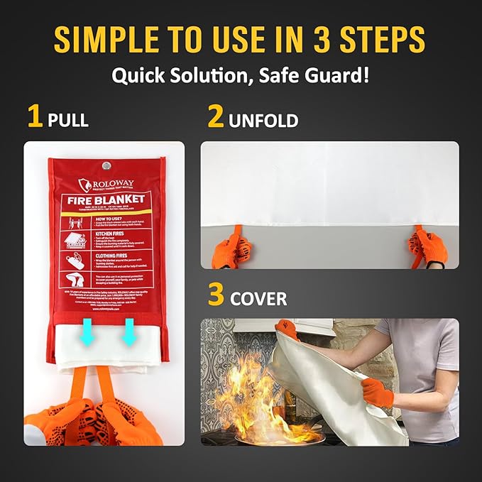 ROLOWAY Emergency Fire Blanket for Home and Kitchen, Fire Blankets Emergency for Home Safety (40 x 40 Inch) with Hooks, Gloves, Fire Suppression Blanket with Emergency Whistle for Fire Safety (4 Pack)