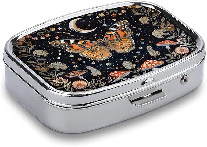 Metal 2 Compartment Pill Organizer Travel Friendly Portable Compact Pill Box Cute Pill Case,for Pocket Wallets Daily Portable Medicine Vitamin Tablet Storage (Butterfly)