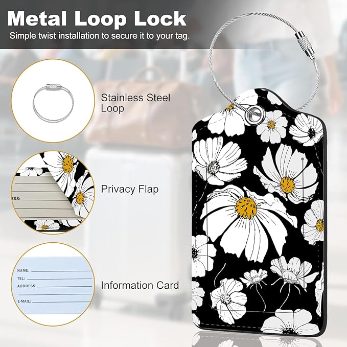 2Pack Luggage Tags for Suitcases, Cute Unique Pu Leather Cruise Luggage Tag with Privacy Cover ID Label Address Card and Metal Ring Suitable for Women Men Kids Travel Bag White Flowers