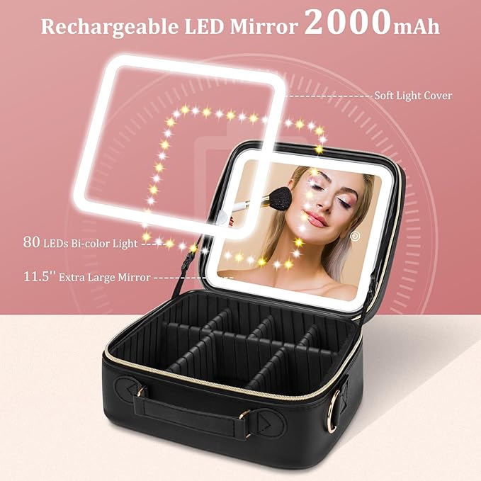 Makeup Bag with LED Mirror, [3 Color and Stepless Dimmable] Rechargeable LED Light for Makeup Bag Train Case with Brushes Storage Organizer, Travel Box Cosmetic Bag for Women - Pink