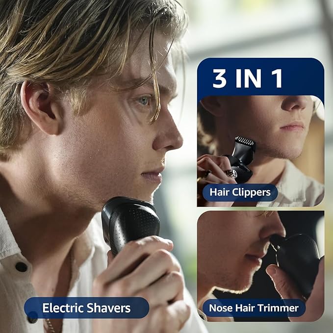 Cordless Electric Razor for Men: 3-in-1 Shaver for Beard/Nose/Sideburns - IPX7 Waterproof Travel Kit - Turbo Speed & Precision Blades