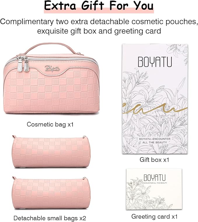 Travel Makeup Bag Organizer Cosmetic Bag: 3 Pcs Set Make up Bags for Women with Handle - Waterproof Vegan Leather Toiletry Bags with Comparments (C-05-Pink)