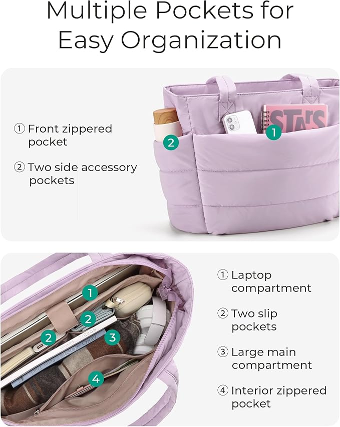 BAGSMART Tote Bag for Women, Lightweight Puffy Tote Bag with Compartments Shoulder Bag Handbag for Travel, Work, Gym,