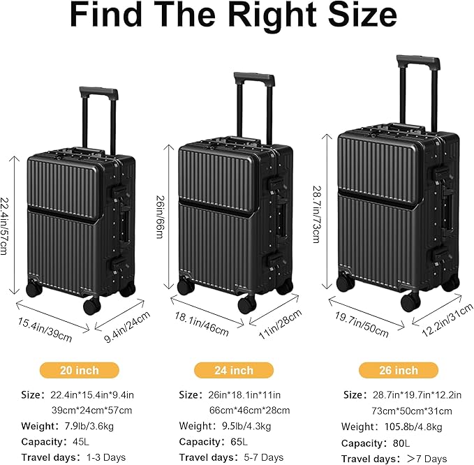 Zipperless Luggage, Polycarbonate Aluminum Hard Shell, Expandable Carry-On Suitcase with Spinner Wheels, Hard Shell Suitcase, 24 Inch Cabin