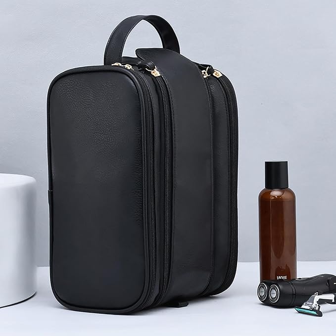 Travel Toiletry bag for men PU Triple-layer Double Zipper Toiletry Bags,Waterproof with Handle Mens Toiletry Bag Stowable Brushes, Toiletries Makeup for Business Trips Camping Bathroom Black