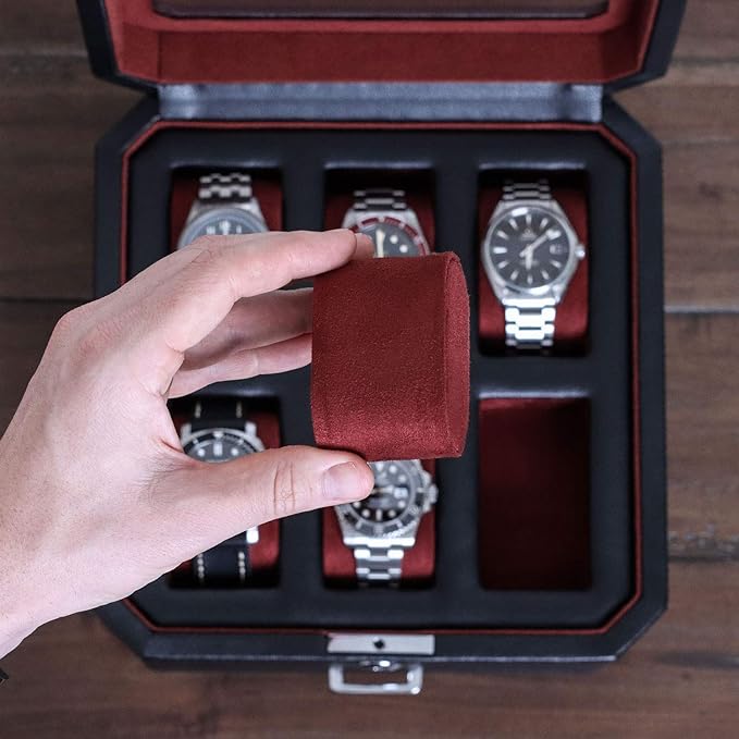 ROTHWELL 6 Slot Leather Watch Box with Valet Drawer - Luxury Watch Case Display Organizer, Microsuede Liner, Locking Mens Jewelry Watches Holder, Men's Storage Boxes Holder Large Glass Top (Black/Red)