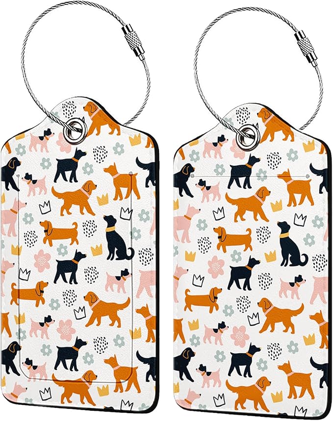 Cartoon Dogs Luggage Tags for Suitcases,2 Pack Luggage Tag, Leather Stainless Steel Loop Label Tag for Women Girl Travel Bag Suitcase