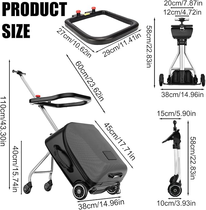 Children's Ride-On Suitcase, Ride on Suitcase for Kids, Kids Luggage Set, Fashion Travel Student Trolley Boarding Toy Box, 2-in-1 Case & Baby Stroller,Black