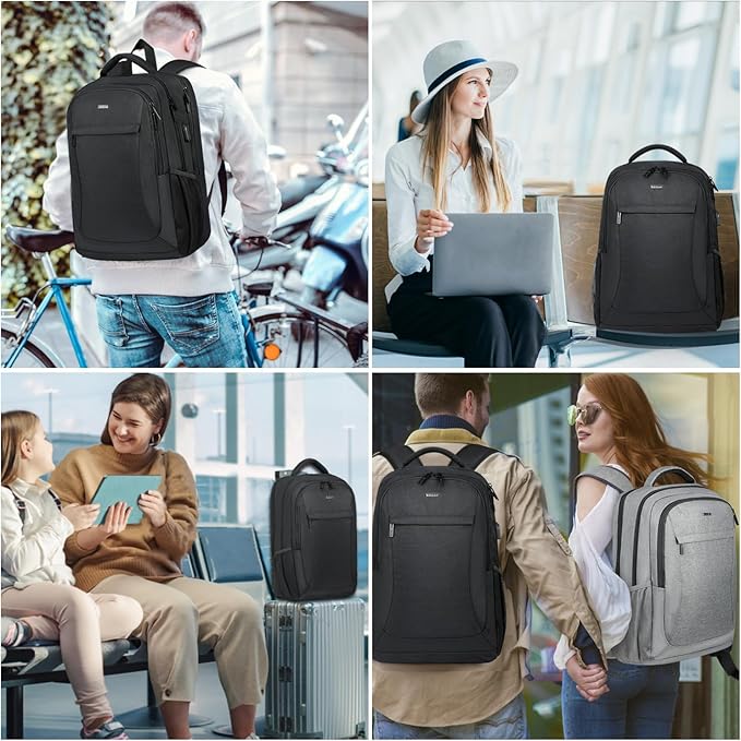 Voova Travel Laptop Backpack, Business Work Laptop Backpack for Women & Men with USB Charging Port, Waterproof Slim Durable College Computer Bag Fits 15.6 Inch Laptops and Notebook, Black