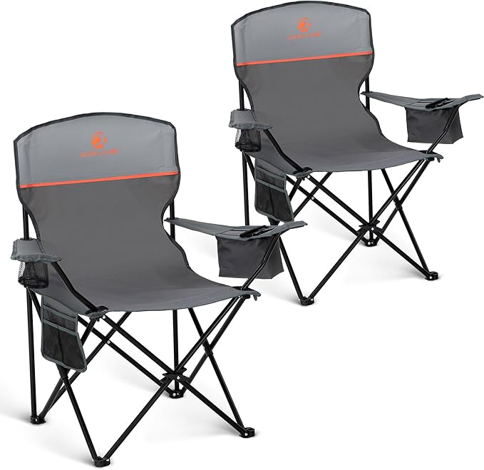 HIGH POINT SPORTS 2 Pack Portable Camping Chair for Adults, Folding Outdoor Camp Chair Lightweight Lawn Chairs Folding Collapsible Chair for Camping, Tailgates, Beach, Gray, Support 225lbs