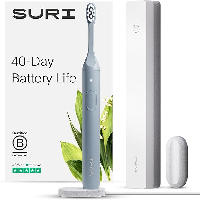 SURI Electric Toothbrush - Sustainably Designed In California. Electric Toothbrushes Adults. Durable Slim Sonic Travel Tooth Brush. 40-Day Battery
