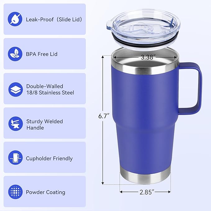HASLE OUTFITTERS 20oz Tumbler Bulk with Lid, Stainless Steel Tumbler Bulk with Handle, Metal Insulated Travel Coffee Mug Set with Handle, Double Wall Vacuum Leak Proof Tumbler Cup, Blue 6 Pack