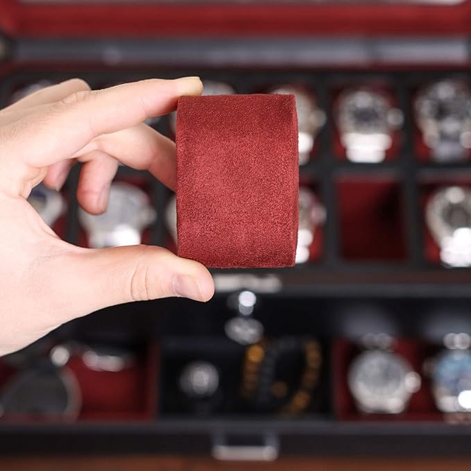 ROTHWELL Gift Set 6 Slot Leather Watch Box and 2 Watch Travel Case - Luxury Case Organizer, Microsuede Liner, Locking Mens Jewelry Watches Holder, Storage Boxes Glass Top (Black/Red Gift Set)