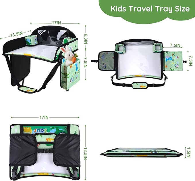 Kids Travel Tray, Kids Travel Trays for Car Seat, Road Trip Essentials for Toddler, Carseat Lap Tray with Dry Erase Board & Storage Organizer for Road Trip Activities for Kid, Green