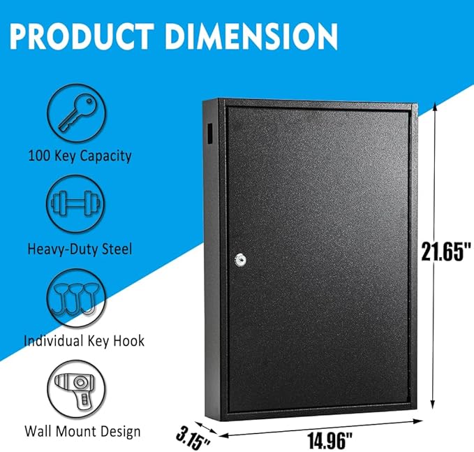 UMEKEN Key Box Wall Mount 100 Position Metal Valet Key Cabinet Lock Box with Key Tags, Key Holder Lockbox Key Organizer Safe Storage Locker Box, Black