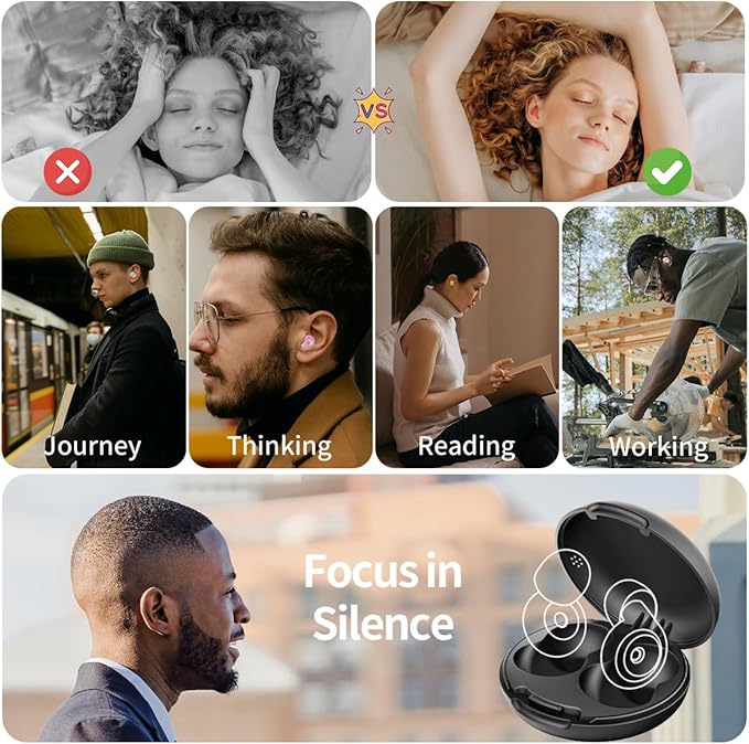 Ear Plugs for Sleeping Reusable Earplugs for Concerts Noise Cancelling Soft Silicone Noise Reduction Earbuds for Travel, Focus, Work 33-45dB Hearing Protection with 9 Ear Tips & Case (Black)