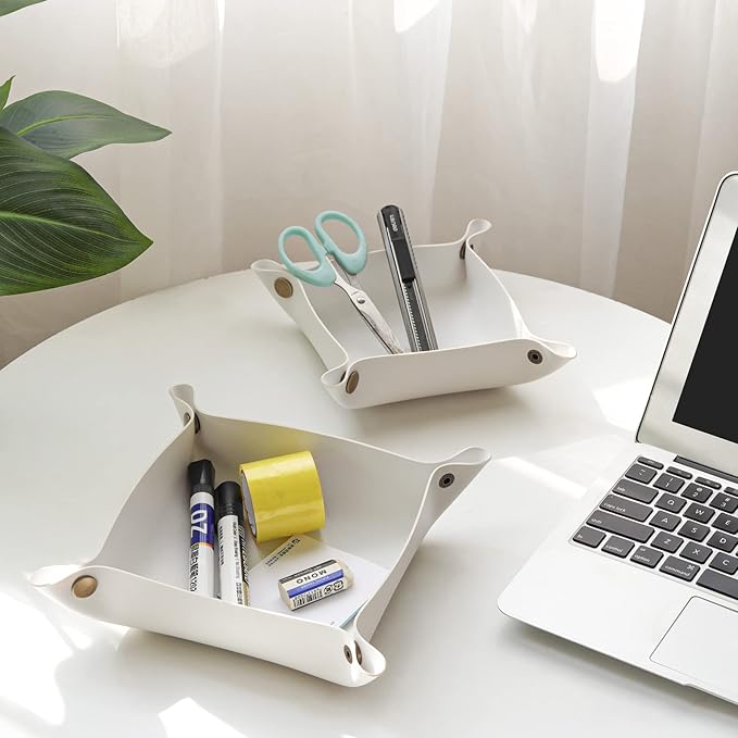 Leather Valet Tray, Premium Catchall Trays, Jewelry Trays, Decorative Desk Organizer,Folding Travel Organizer,Office/Home Organization Trays (Large Medium and Small, 3PCS)(White)