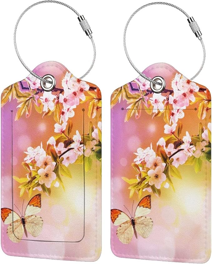 2 Packs Beautiful Spring Flowers PU Leather Luggage Tags Butterfly Suitcase Labels Bag Tags Cute Name ID Labels with Privacy Cover for Women Teen Girls Pink Yellow Background