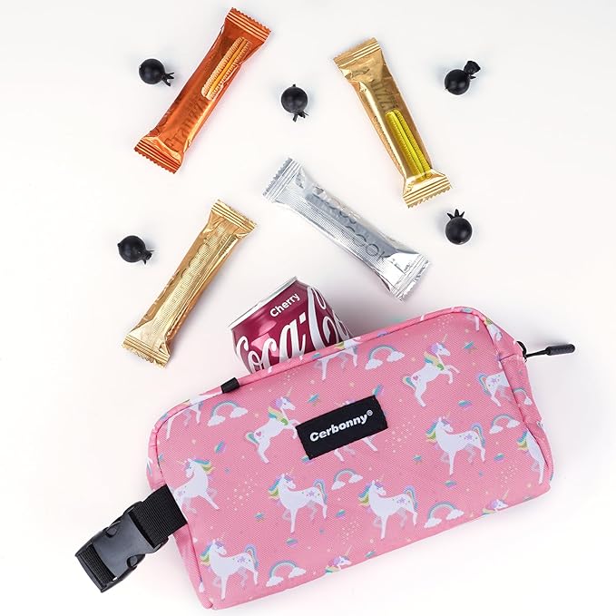 Cerbonny Small Insulated Cooler Bag (Pink Unicorn), 2.2L Meal Holder for Work, School, Travel, Picnic - Freezable Lunch Bag with Detachable Gel Packs, Fits Yogurt, Snacks, Breast Milk