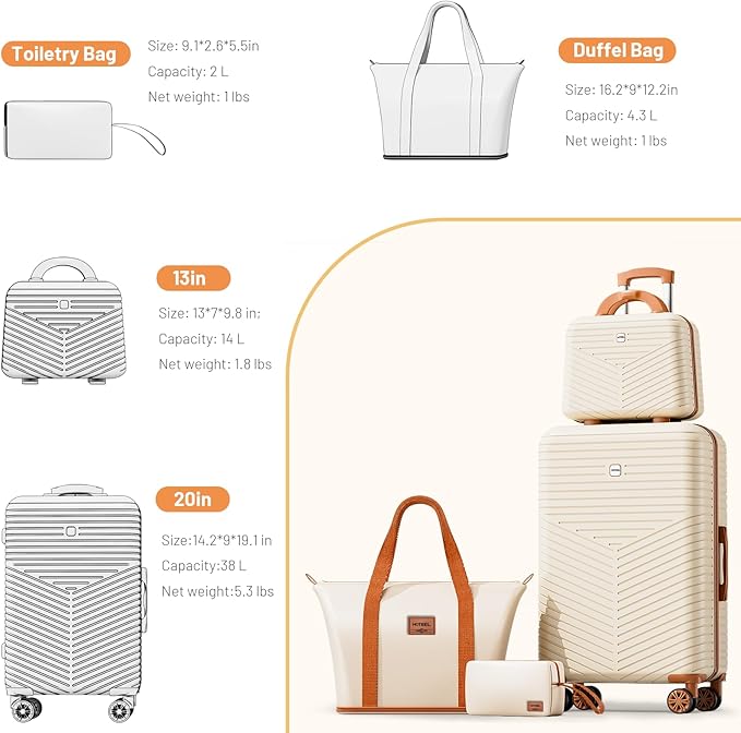 Hoteel 4 Piece Luggage Set (4-YEAR WARRANTY) with Spinner Wheels & TSA Lock, Carry on Luggage Hardshell ABS+PC, Travel Collection Suitcases Sets, Beige(13/20",Travel Bag,Cosmetic Bag)