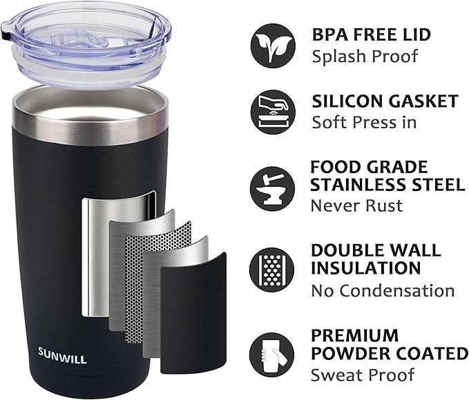 SUNWILL Travel Coffee Mug with Lid, 20 oz Tumbler Set of 2, Insulated Stainless Steel Cup for Water, Tea, Ice, Powder Coated Black 2 pack