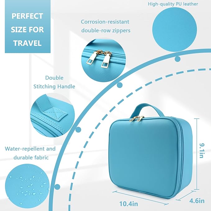 Travel Makeup Bag for Makeup Artists Large Makeup Case,with Mirror 3 Color Setting and Detachable 10x Magnifying Mirror Travel Makeup Bag,Portable Storage and Adjustable Dividers（blue）