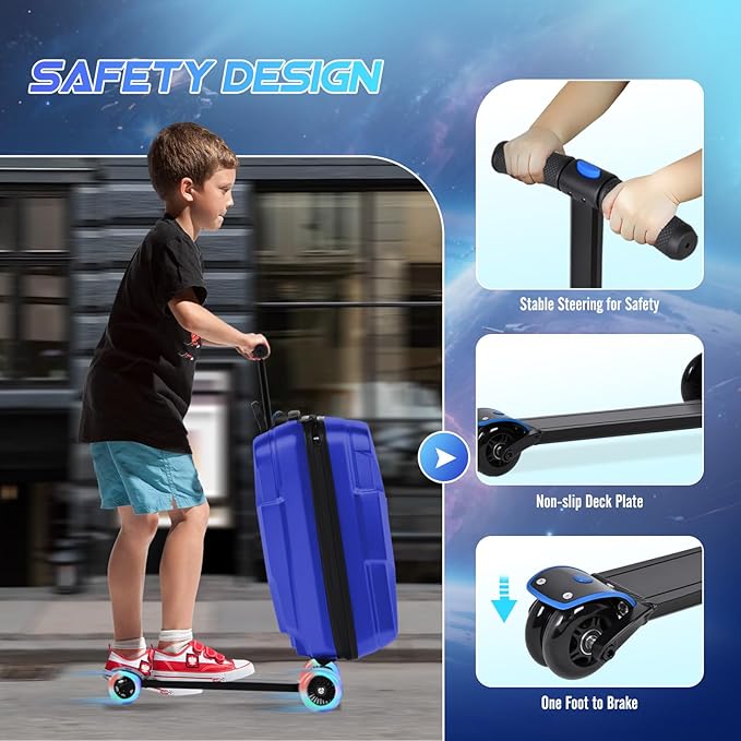 smilesun Scooter Suitcase for Kids & Adults, Foldable Carry On Travel Luggage, Hardside Ride on Scooter Suitcase with LED Light up Wheels，Blue