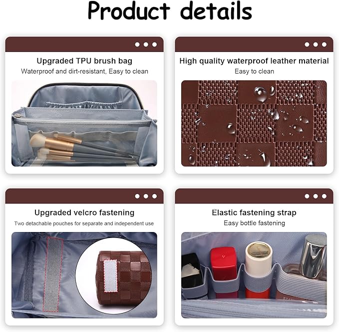 Travel Makeup Bag Organizer Cosmetic Bag: 3 Pcs Set Make up Bags for Women with Handle - Waterproof Vegan Leather Toiletry Bags with Comparments (C-09-Coffee)