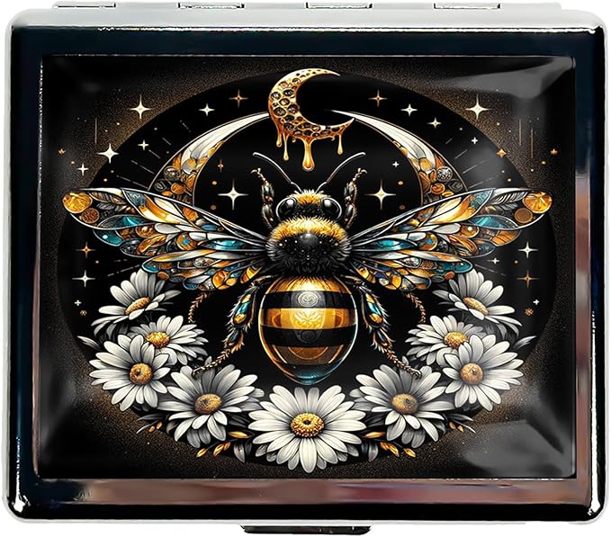 Cute and Stylish Metal Pill Box - Compact Portable Pill Organizer with 8 Compartments, Food-Grade Divider, Ideal for Travel, Vitamins, Jewelry, Cosmetics (Celestial Bee)