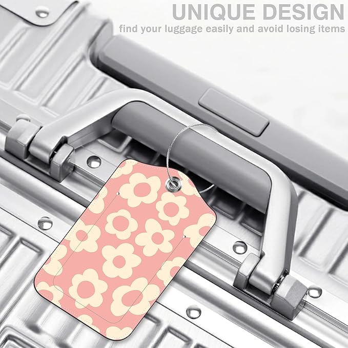 Vintage Groovy Flowers Set of 2 Luggage Tags for Suitcases Leather Suitcase Tags Identifiers with Privacy Name Address Label and Stainless Steel Loop for Women Men Travel Luggage Accessories