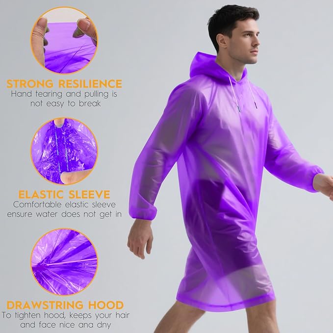Bruvoalon 6 & 20 Pack Disposable Rain Ponchos for Adults/Youth, Waterproof PE Raincoats with Drawstring, Camping/Emergency