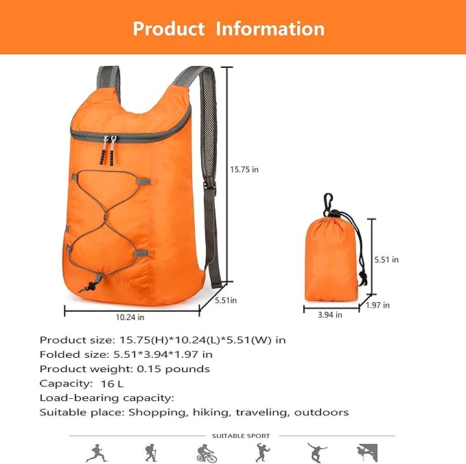 16L Hiking Daypack Lightweight Foldable Travel Backpack Water Repellent Camping Outdoor Packable Easy Carry-on Bag (Orange)