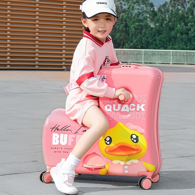 Kids' Lightweight Ride on Luggage with Spinner Wheels & Foldabe Design (Pink Duck, 24"+ Aged 3-12 Toddler)