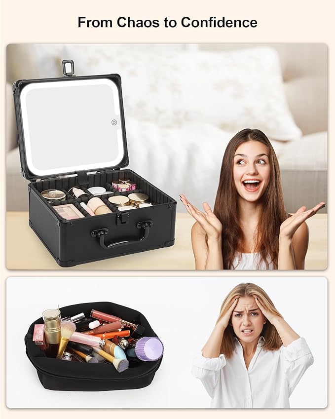Makeup Box with LED Mirror, Makeup Bag with Light up Mirror& Adjustable Dividers Travel Make up Train Case Portable Cosmetic Organizer Case Waterproof Organizer Bag Gifts for Women and Girls