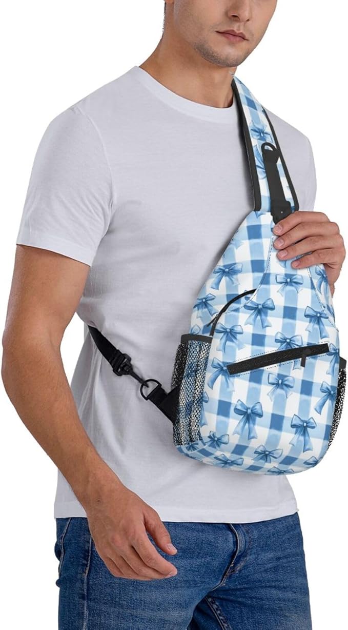 SUPLUCHOM Sling Bag Blue Bows Check Hiking Daypack Crossbody Shoulder Backpack Travel Chest Pack for Men Women