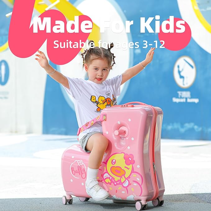 Kids' Lightweight Ride on Luggage with Spinner Wheels & Foldabe Design (Pink Donut, 24"+ Aged 3-12 Toddler),Children Holiday Birthday Gift