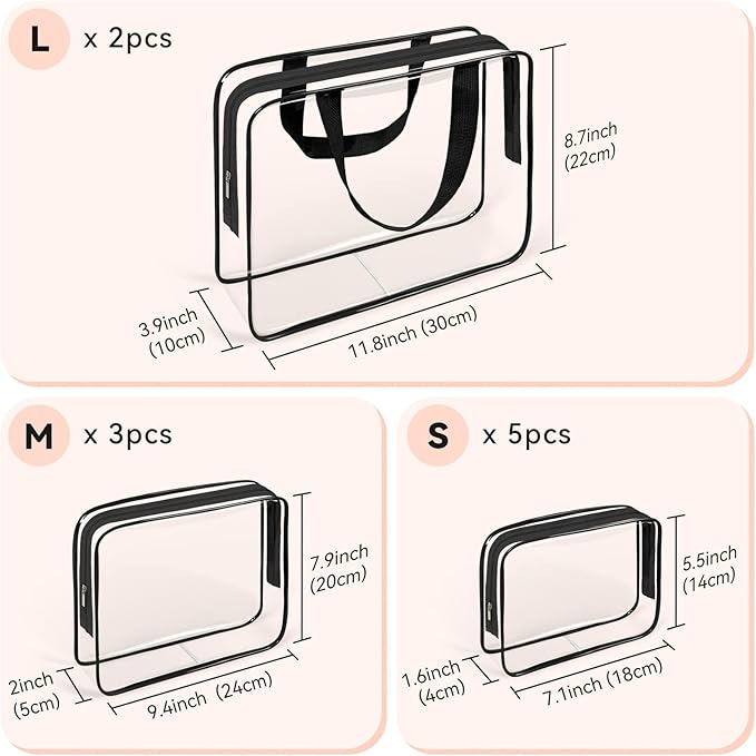 TISRATOK 10 PCS Clear Travel Makeup Toiletry Bag, Plastic PVC Cosmetic TSA Approved Organizer Kit with Zipper Handbag（Black）