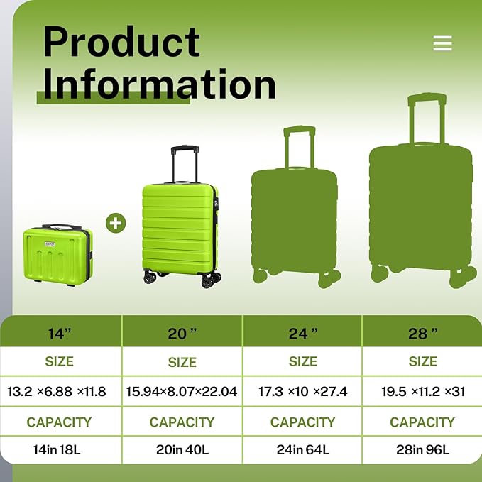 AnyZip Suitcase, 20" Carry On Luggage 14" Mini Cosmetic Cases Luggage Sets Hardside PC ABS Lightweight USB Suitcase with Wheels TSA (2 Piece Set 14/20, AppleGreen)