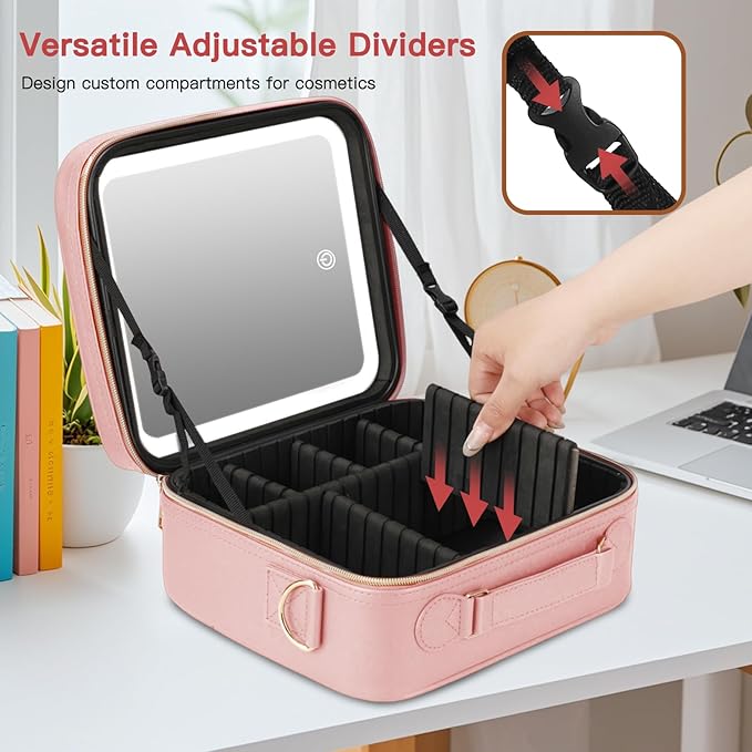 Travel Makeup Bag with LED Mirror, Cosmetic Bags for Women with Light up Mirror, Travel Essentials Makeup Organizer, Makeup Case with Adjustable Dividers and Brush Holder, 3 Color Lights