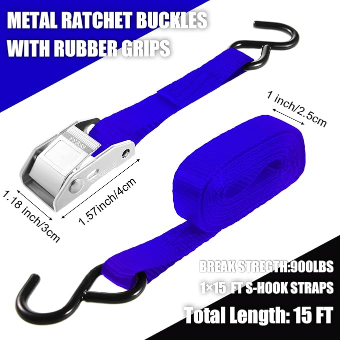 16 Pcs Cambuckle Tie Down Straps 1763lbs Break Strength Securing Straps 1'' x 15 ft Cambuckle Tie Downs with S Hook for Motorcycle, Kayak, Car, Truck, Boat Moving, Securing Cargo(Blue)