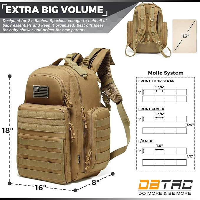 Diaper Bag Backpack for Dad, DBTAC Large Baby Nappy Bag for Men w/Changing Mat, Insulated+Wipe Pockets, Stroller Straps, Tan