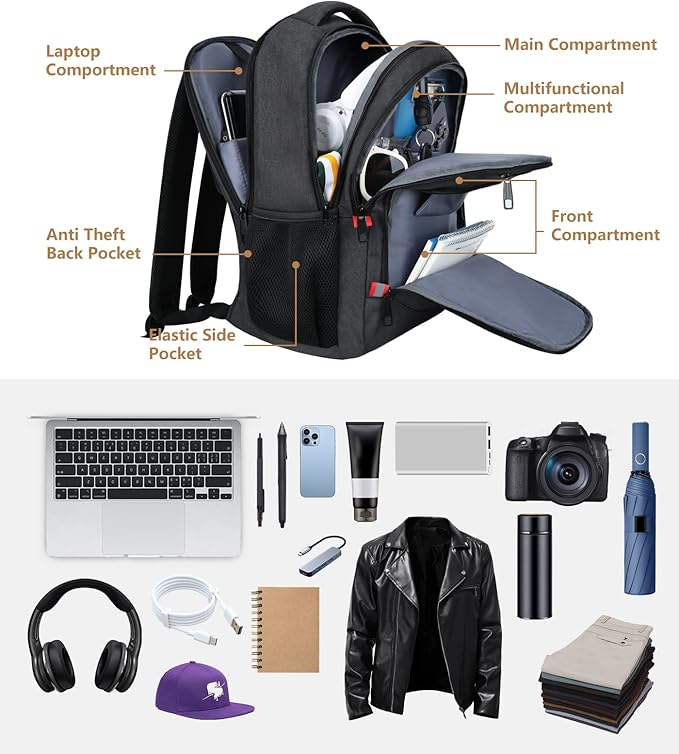 Backpack for Men Women, School Backpack, Large Quilted College Bookbag for Men, Water Resistant Travel Work Backpacks, Business Computer Back Pack with USB Charging Port, Fits 17" Laptop Black