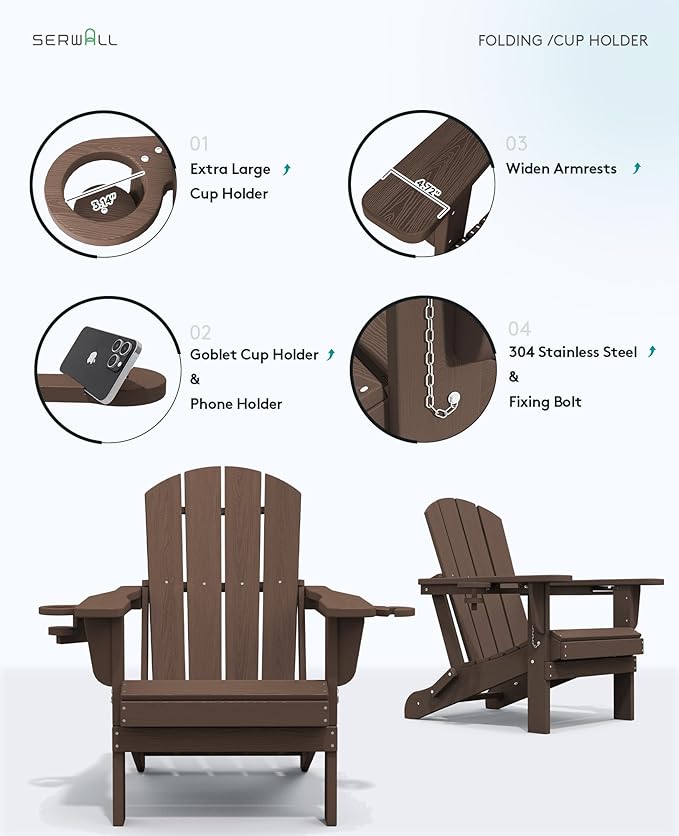 SERWALL Adirondack Chair with Cup Holders - Composite Adirondack Chairs Set of 4 HDPE Outdoor Chairs All Weather Use- Coffee