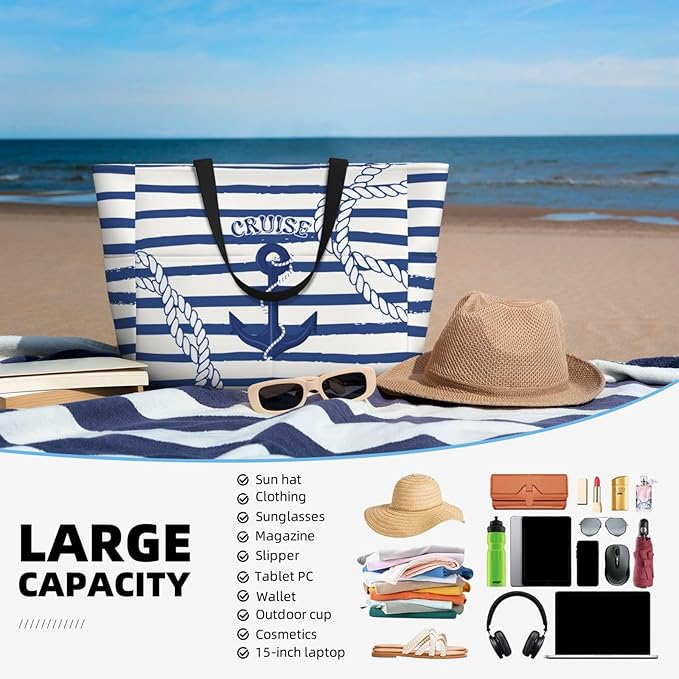 Beach Bag for Women Beach Tote Bag Waterproof Sandproof Large Bags with Zipper Big Capacity for Vacation Travel