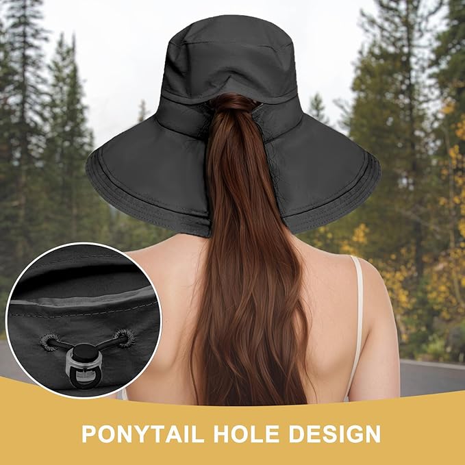 Sun Hats for Women Wide Brim Ponytail UV Protection Beach Hat Packable Waterproof Bucket Hat for Travel Hiking Gardening