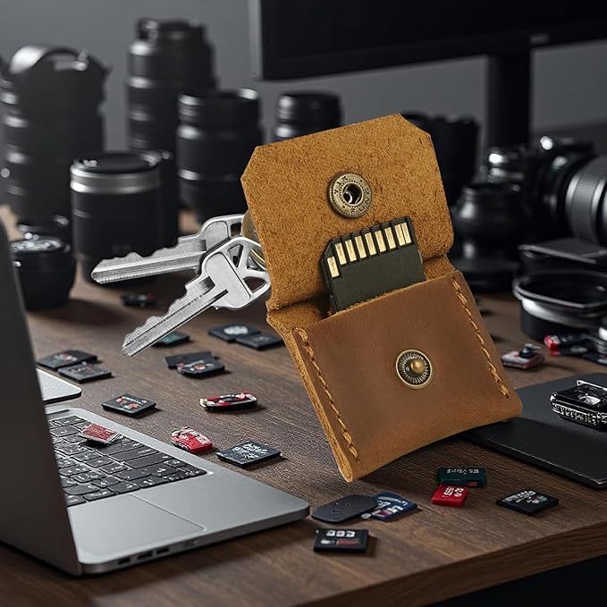 Jack&Chris Genuine Leather SD Card Holder Keychain, Anti-Shock Anti-Dust SD Card Case, Portable Camera Accessories for SD CF CFexpress Micro SD Nano SIM and Micro SIM Cards, Yellow Brown 2 Packs