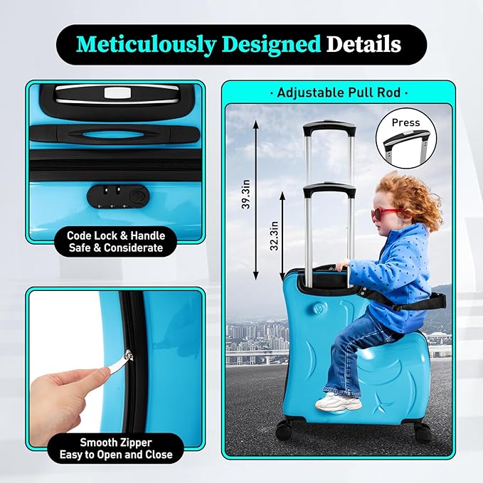 CNCEST 20"/24" Kid's Ride-on Travel Suitcase,Travel Rolling Luggage with Wheels Carry Trolley Luggage with Password Lock,Children's Ride On (20” Blue)